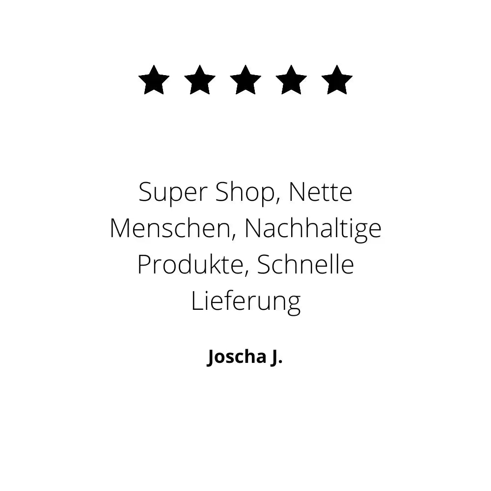 Fünf-Sterne-Kundenbewertung auf Deutsch, die den Service und die Produkte eines Shops lobt.