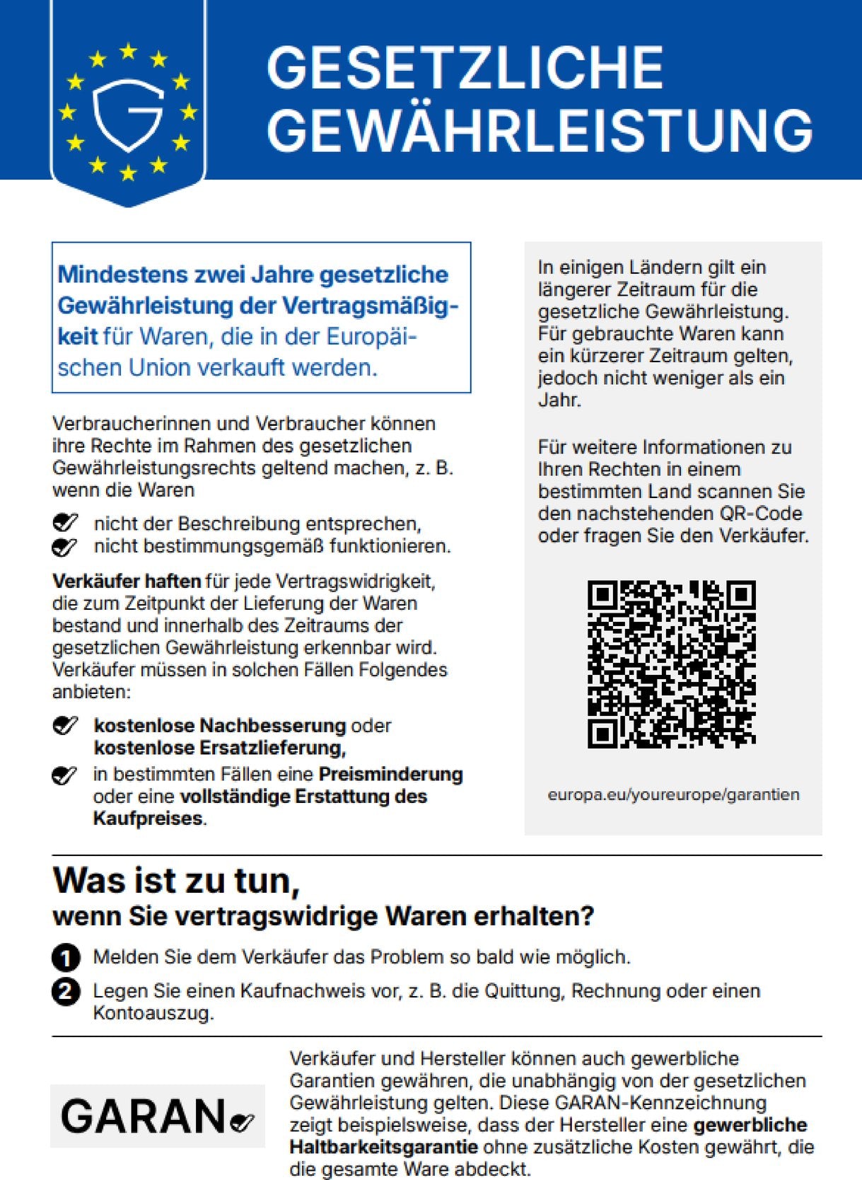 Gesetzliche Gewährleistung: mindestens zwei Jahre für Waren, die in der EU verkauft werden